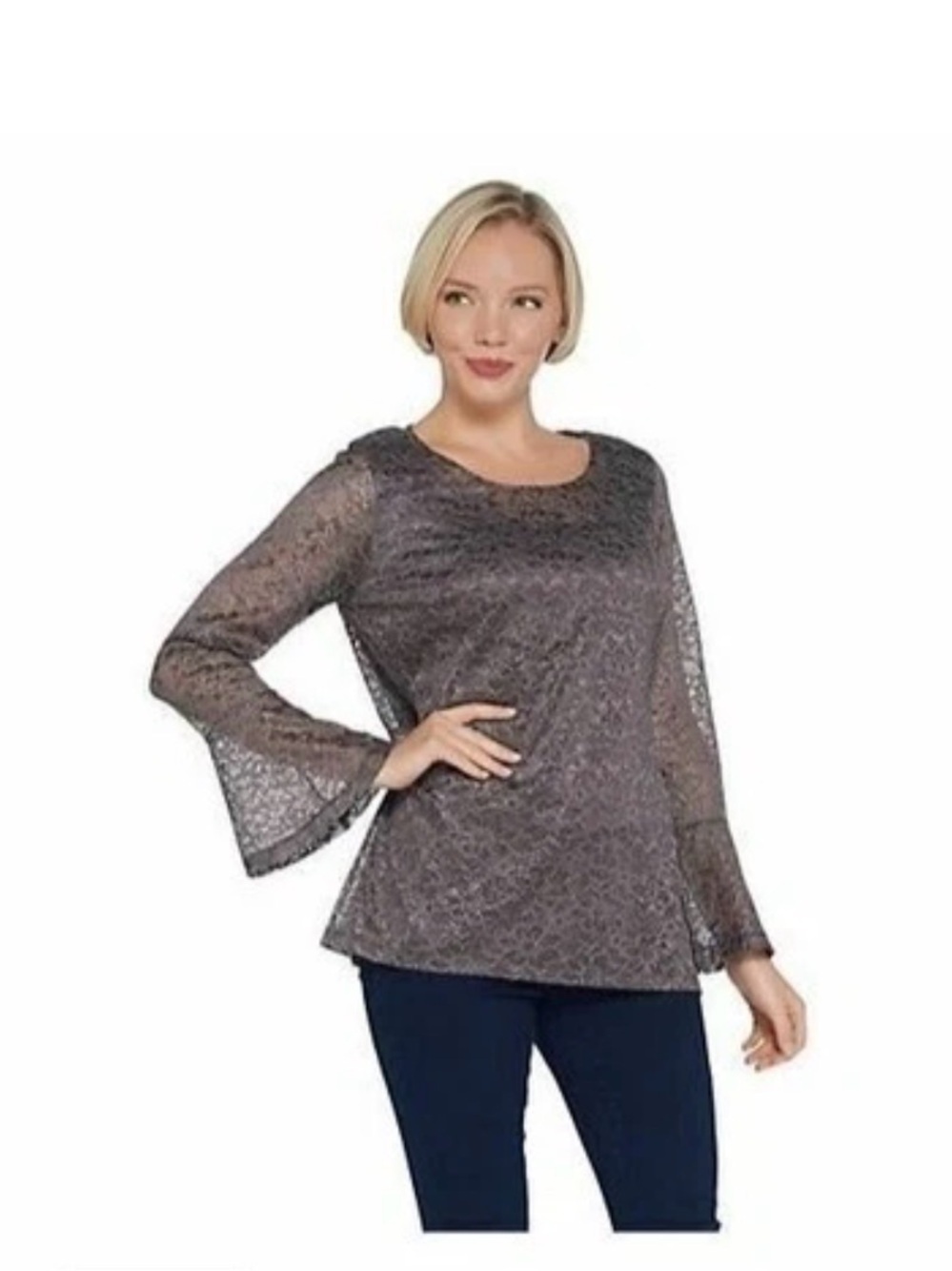 Isaac Mizrahi Live! Metallic Lace Bell Sleeve Knit Top Silver Gray Size Small